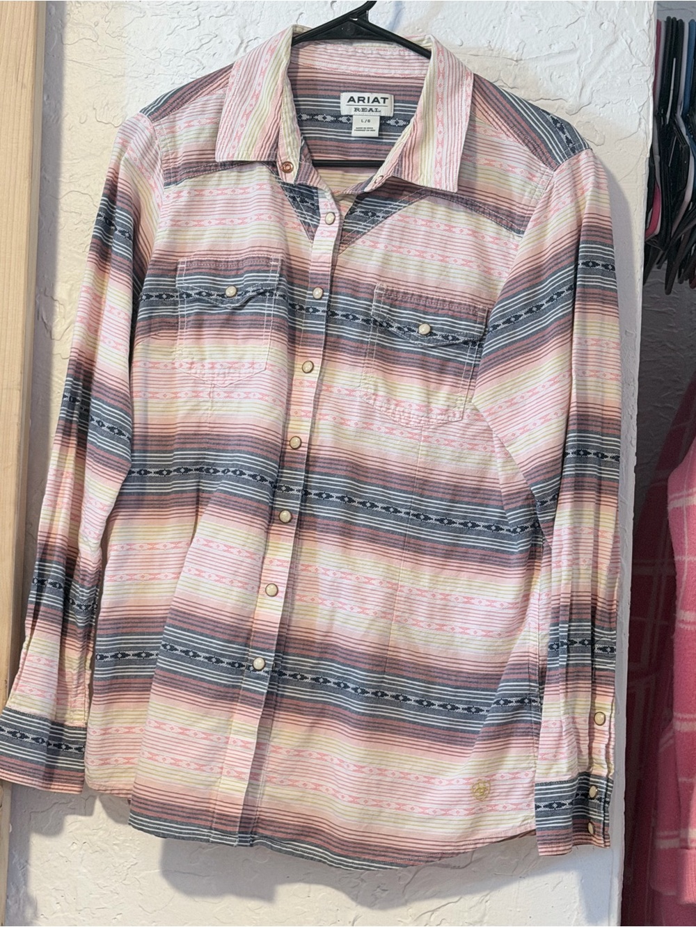 Ariat Pink and Blue Striped Western Button-Front Shirt -fits like a M